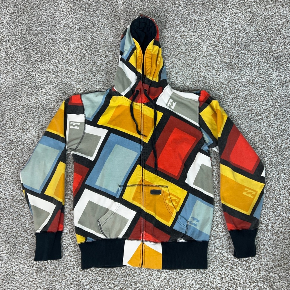 Billabong Hoodie Mens S Multicolor Geometric AOP Print Full Zip Surf Skate Y2K